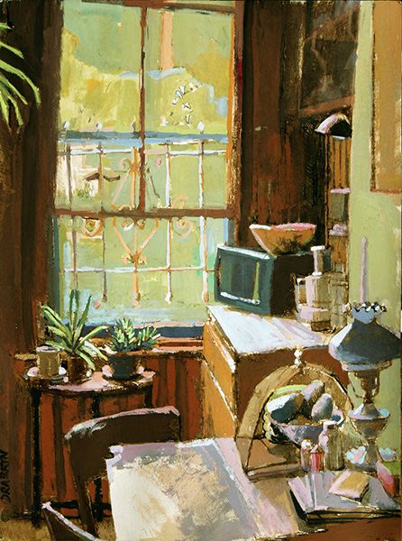 Painting of kitchen with large window, plants, and bowl of avocados