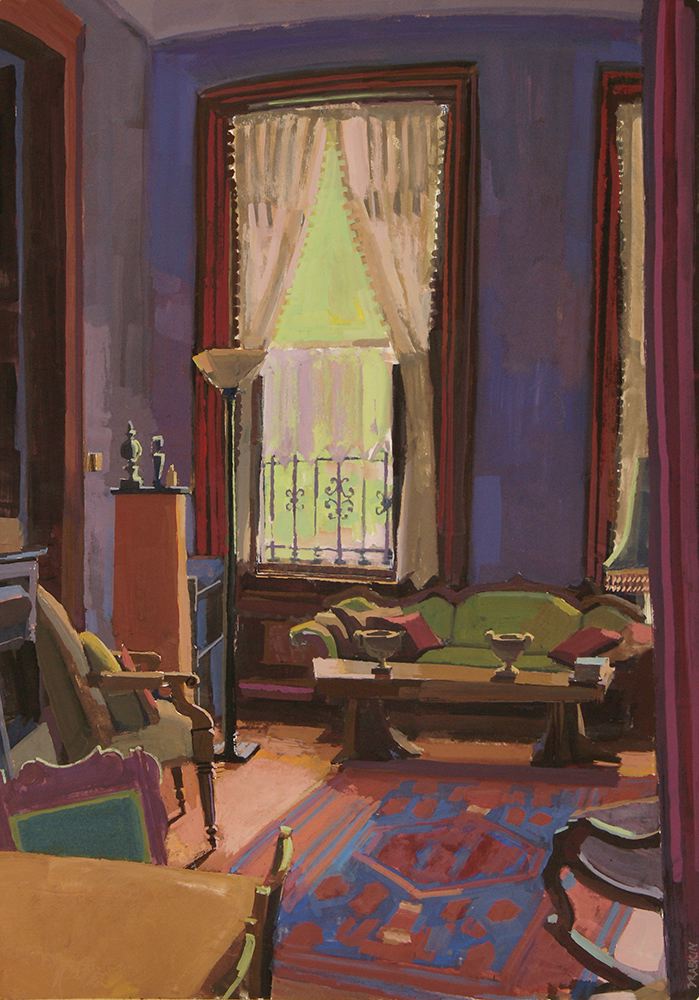 Painting of room with green couch, window with curtains, and purple walls. Tall ceilings,
