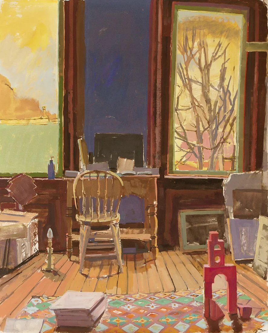 Living room with two large windows, wood chair, and red blocks