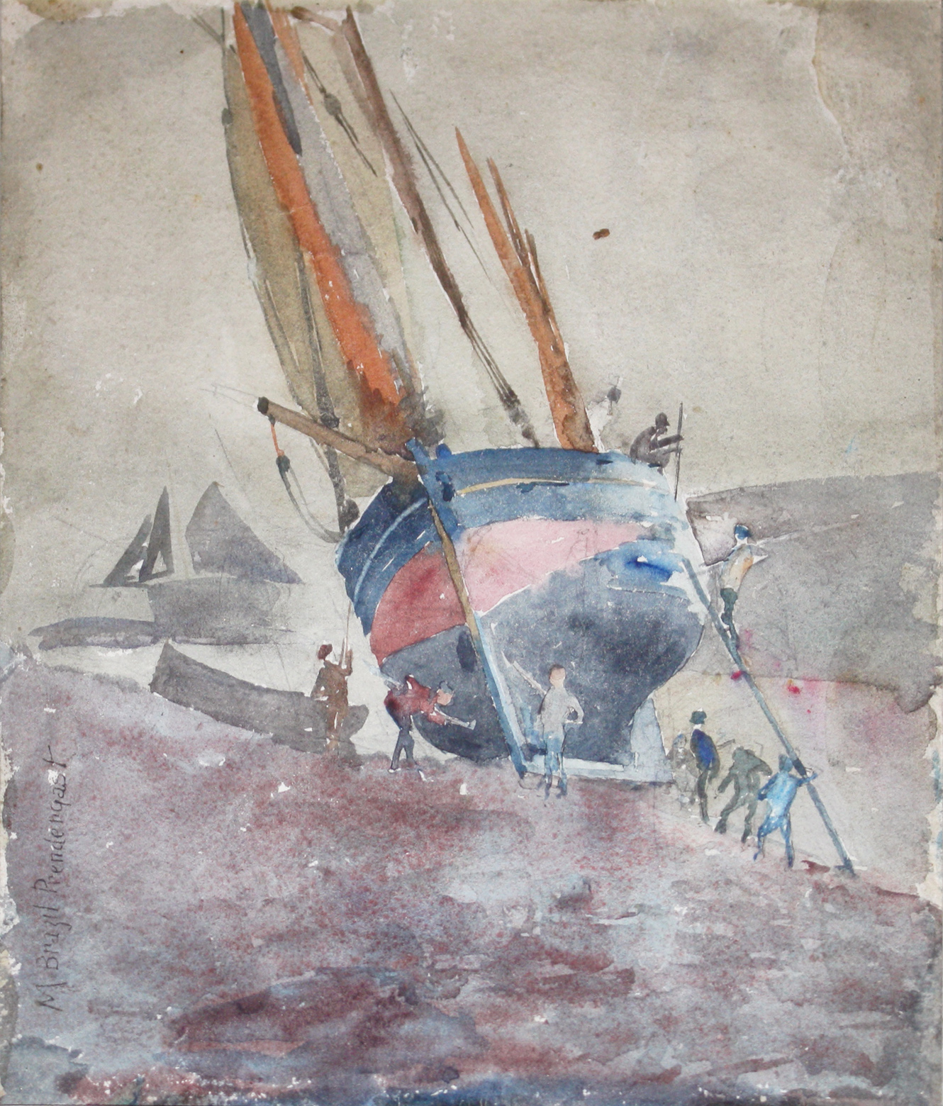 Watercolor of figures overhauling a large sailboat