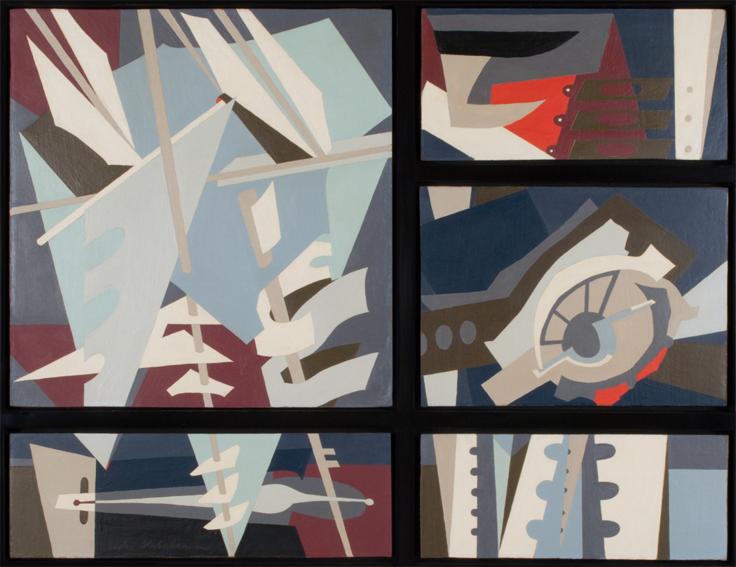 Painting of abstract color block sails with blue, white, grey, purple colors in five panes separated by black lines