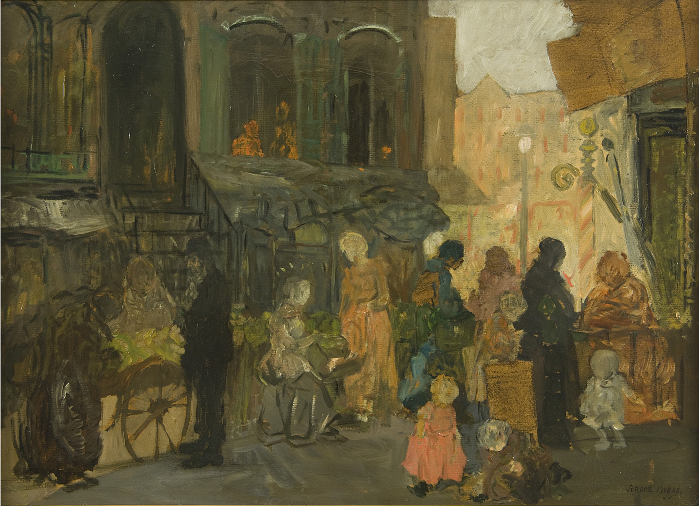 Painting of figures in the street (no visible faces) buying goods outside of a building