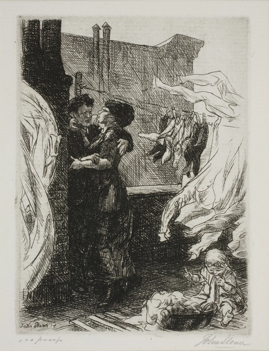 Etching of two figures kissing on a roof. Clothing and sheets hang from a clothes line, and a baby sits on the ground playing