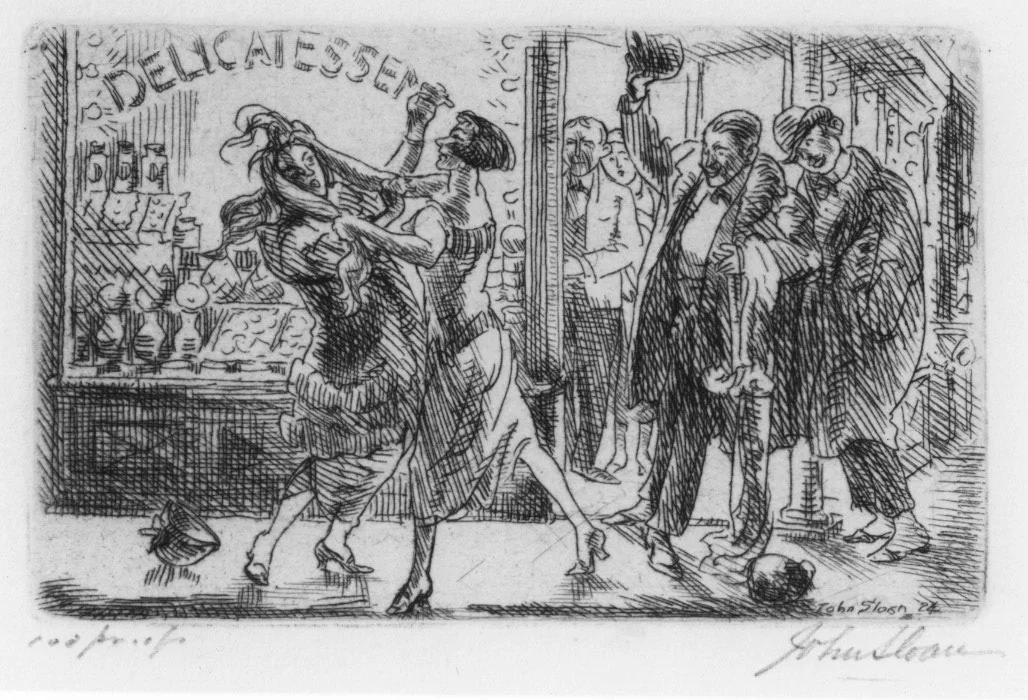 Etching of two women fighting outside delicatessen with men watching