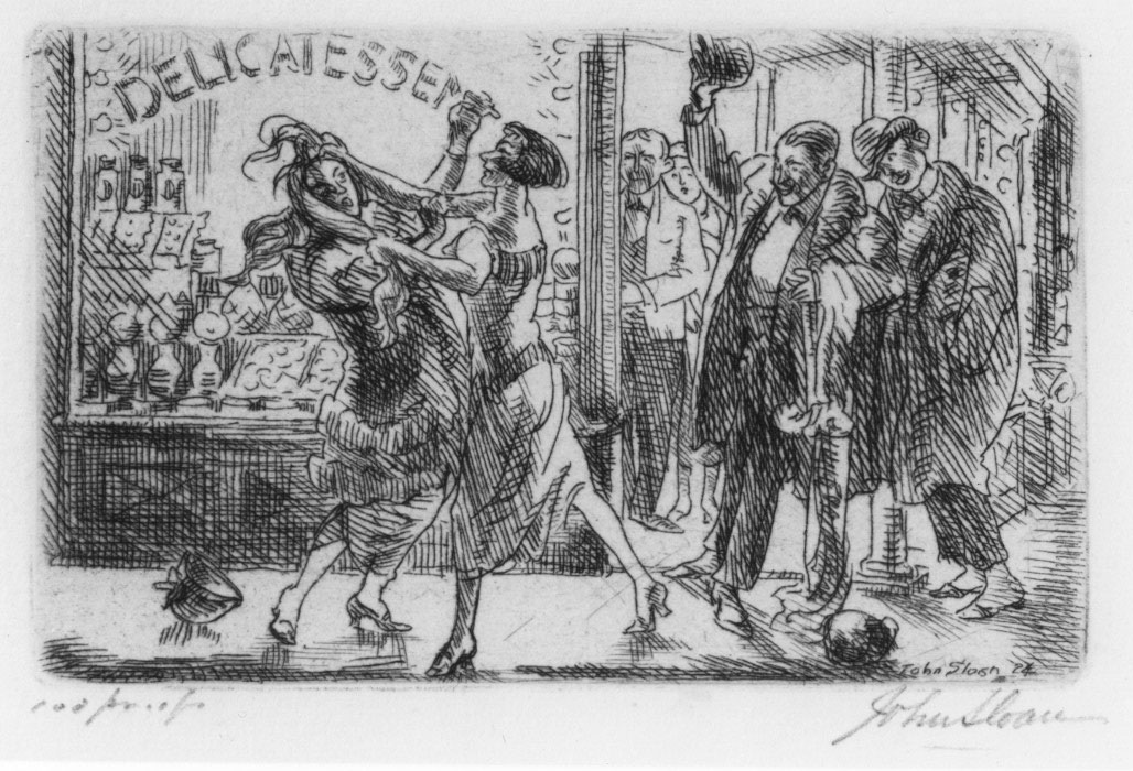 Etching of two women fighting outside delicatessen with men watching 