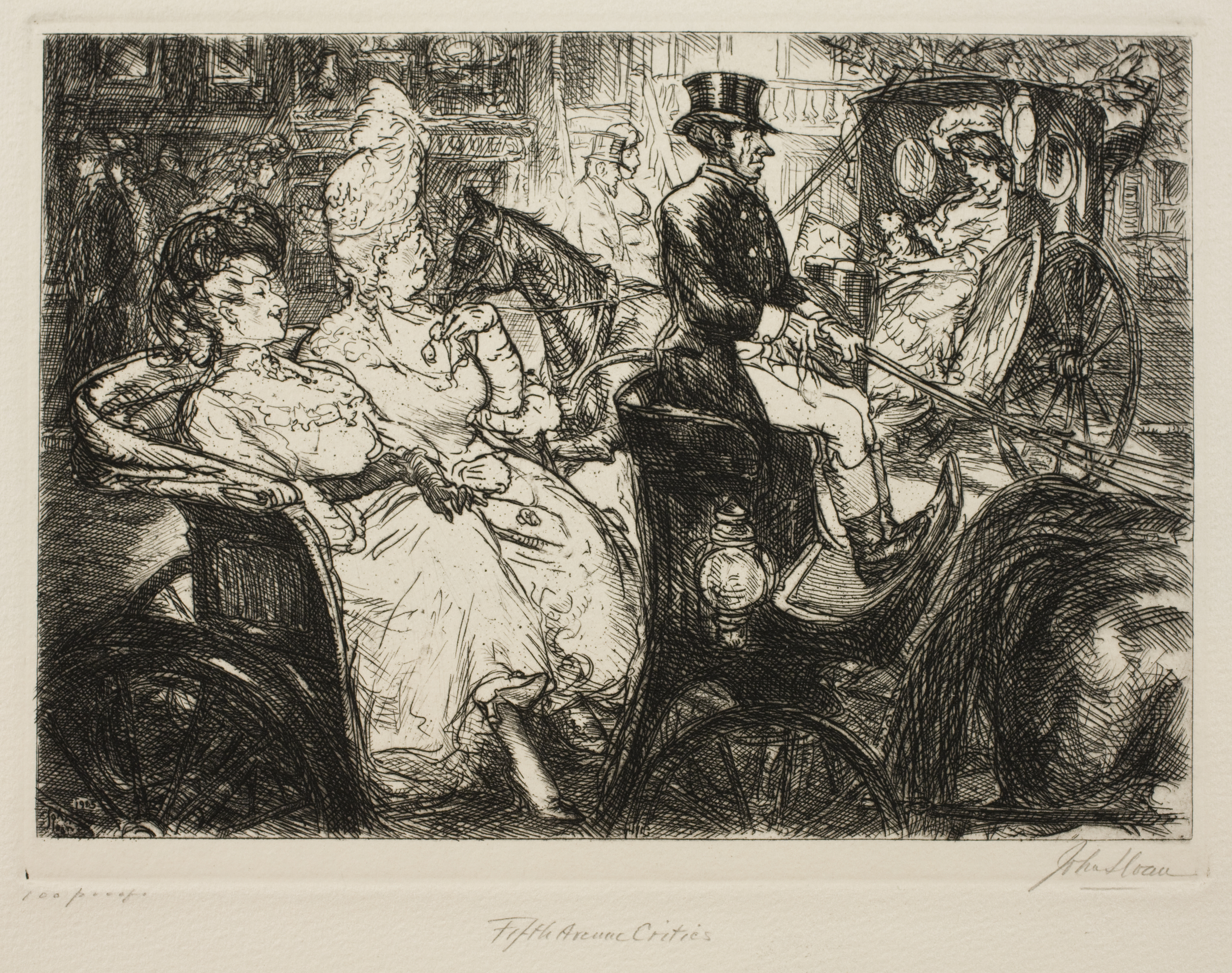 Etching of two women sitting in the back of a horse drawn carriage, driven by a man in a top hat