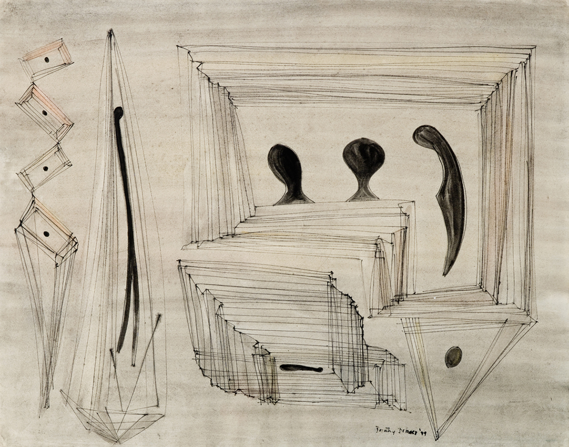 Abstract ink drawing of three black figures with squares surrounding them and two abstract line shapes on left