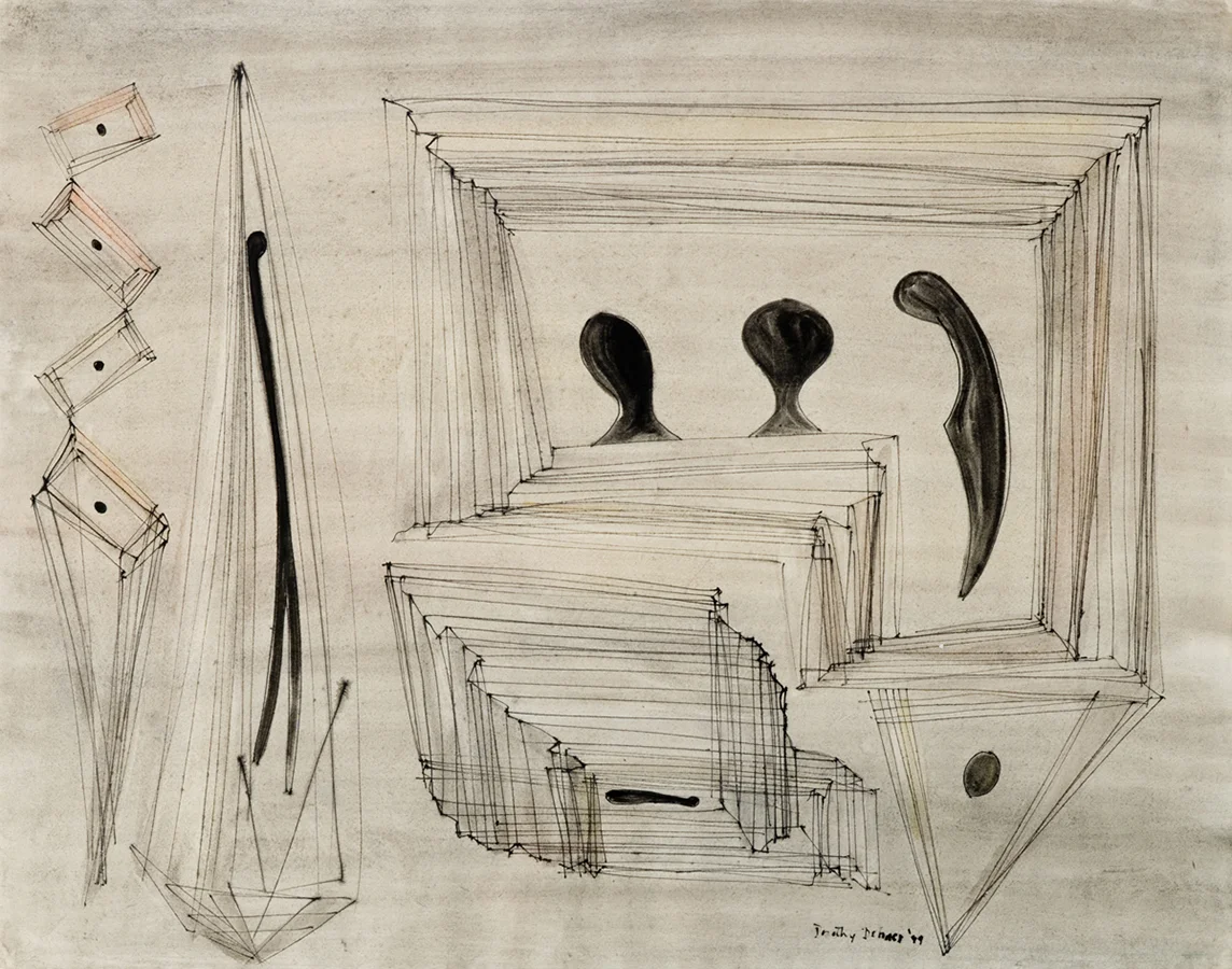 Abstract ink drawing of three black figures with squares surrounding them and two abstract line shapes on left