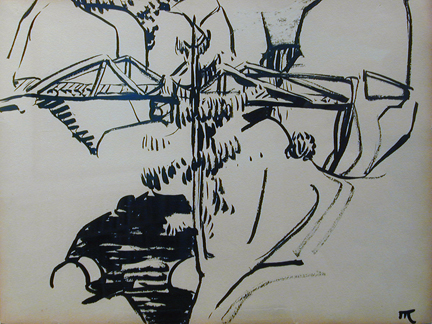 Ink drawing of a bridge over water in the mountains