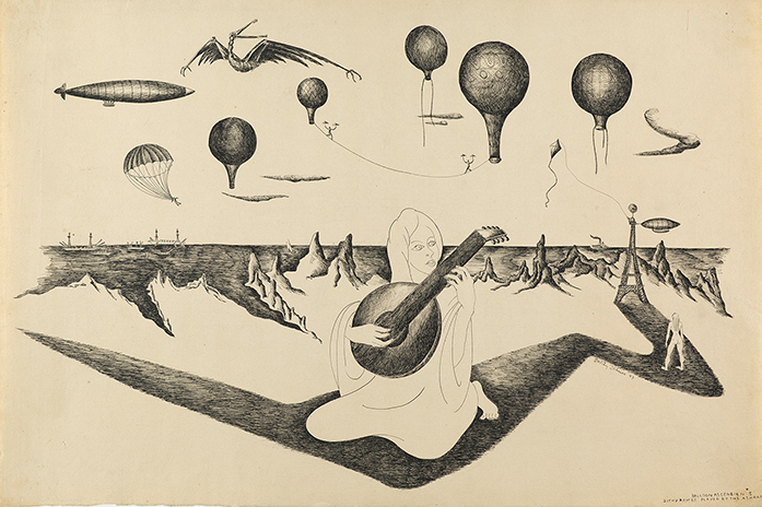 Ink drawing of woman (Ashraf) playing a dithyramb with mountains behind her and balloons above