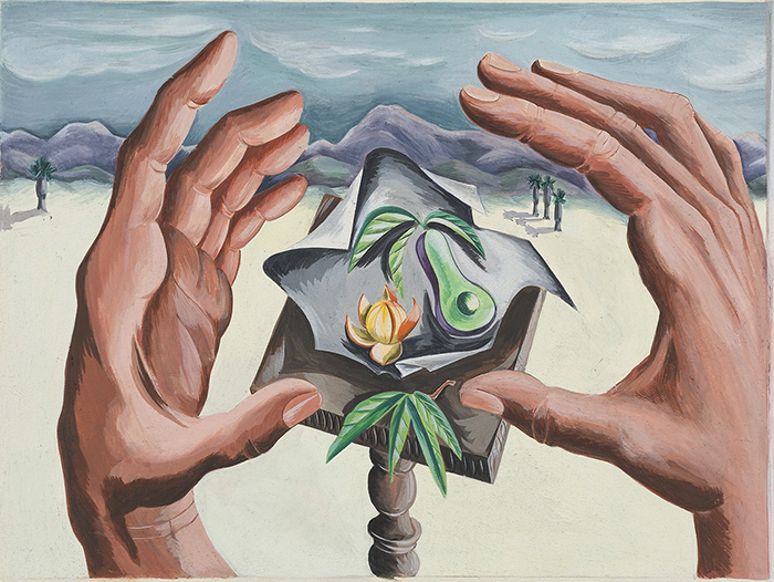 Painting of two hands about to hold an abstract object containing a tiny avocado and orange