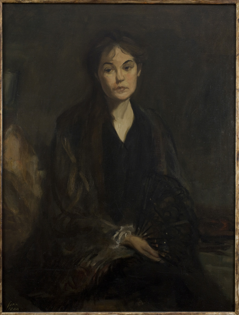 Painting of a woman sitting with a sad expression holding a fan