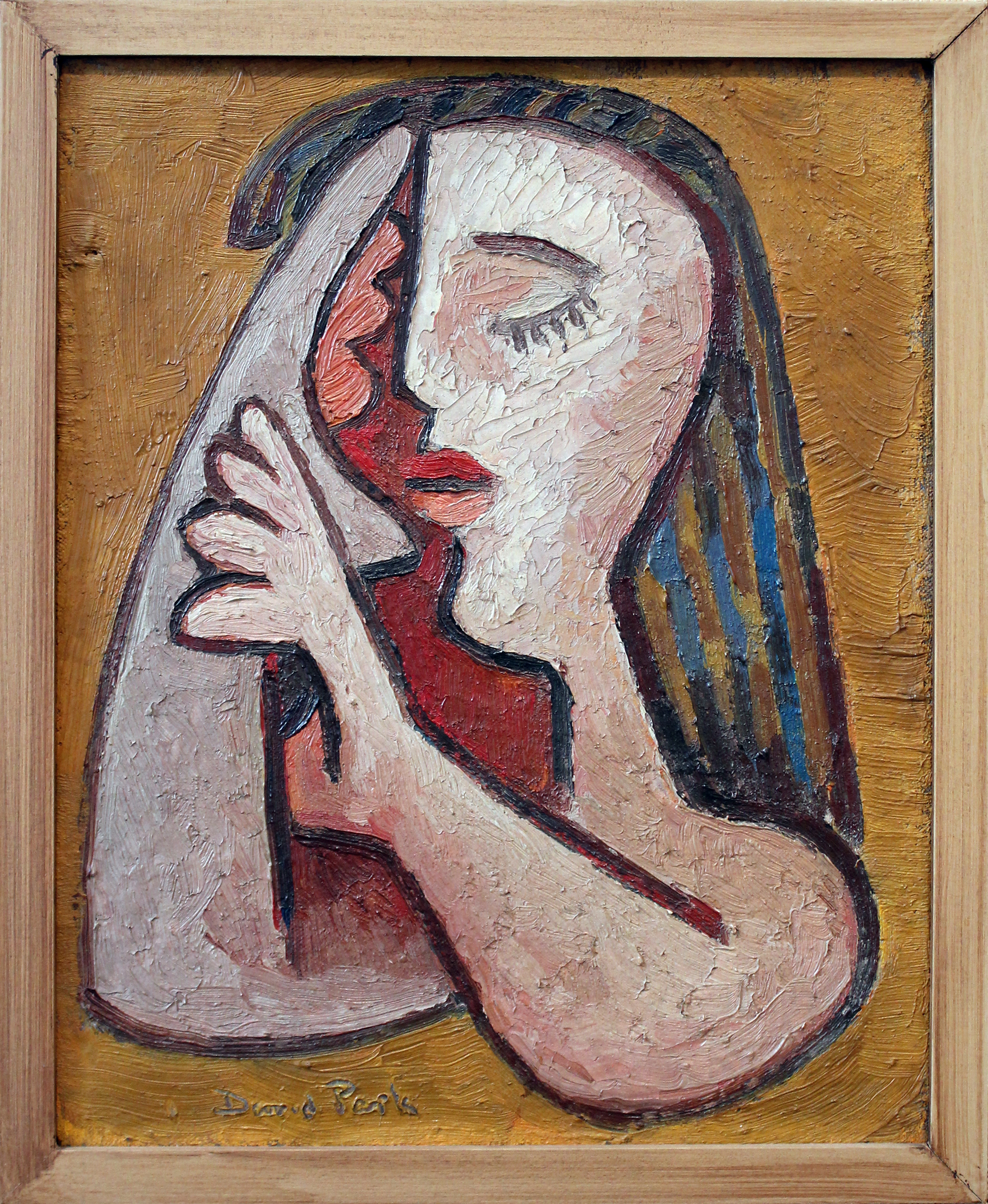 Painting of woman with hand on face and other hand on arm