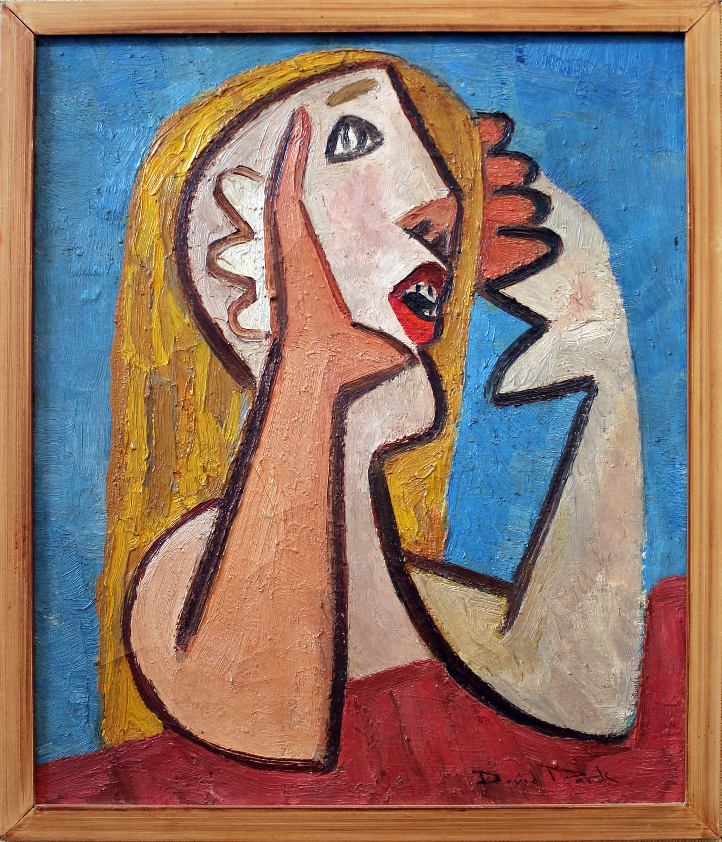 Painting of a blonde woman with elbows on a red table and blue background