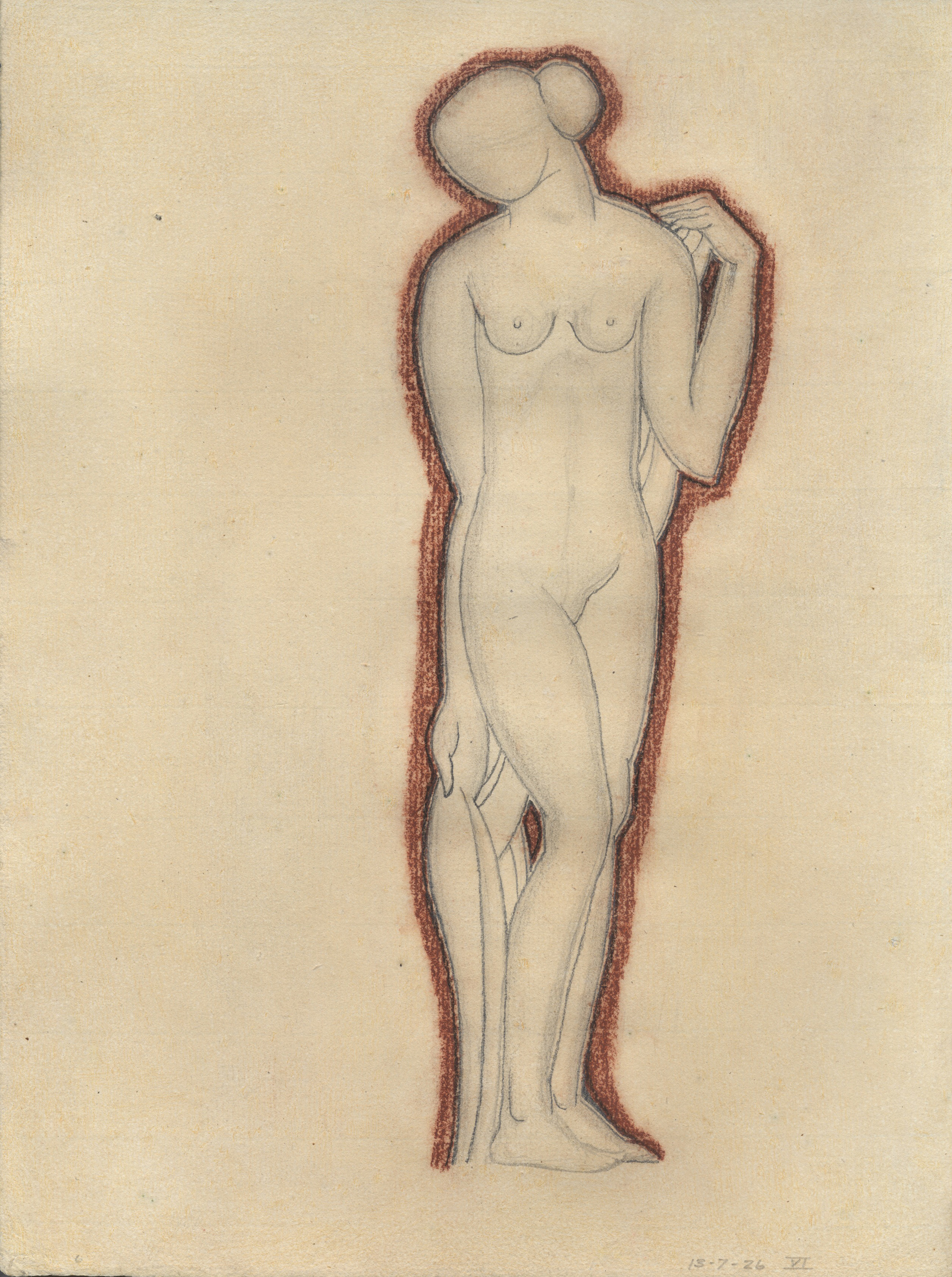 Drawing of standing female nude without a face with a brown/red outline
