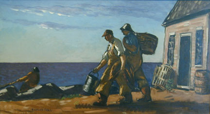 Painting of two fishermen walking to ocean with buckets, house on right, ocean on right
