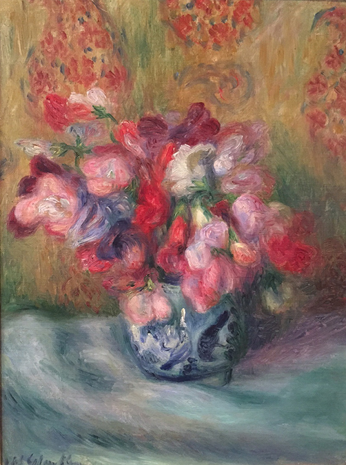 Pink, red, white, and purple flowers in a ginger jar