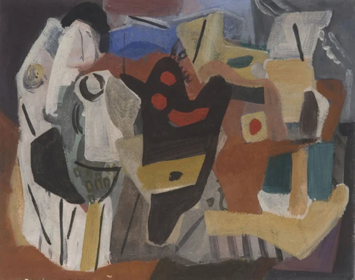 Abstract image of shapes in white, black, yellow, orange, blue and purple