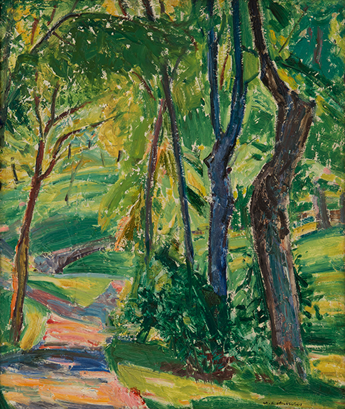 Painting of a path in the woods surrounded by green grass, vegetation, and trees