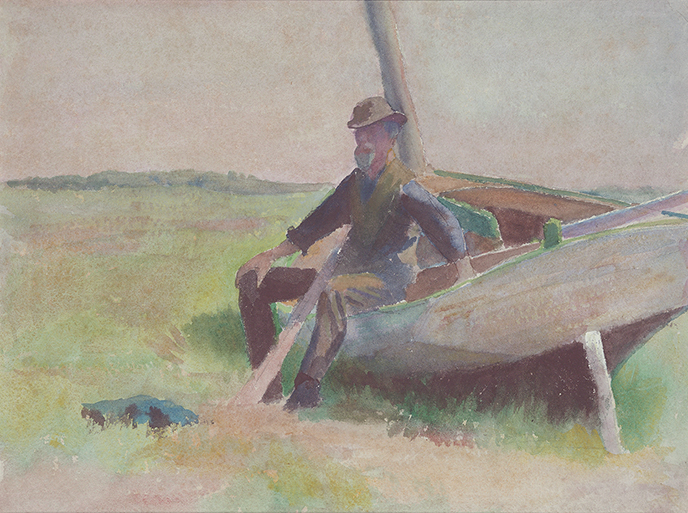 Drawing of a man sitting on a beached boat in a green field