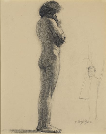 Graphite drawing of a nude facing forward with a small figure on bottom right