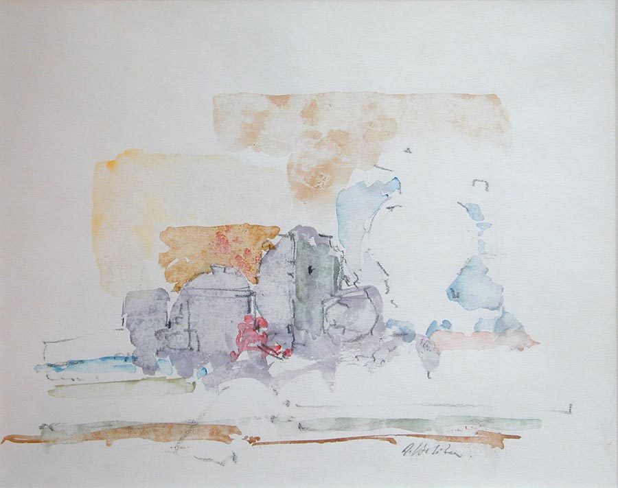 Abstract watercolor of kitchen counter with jars and containers