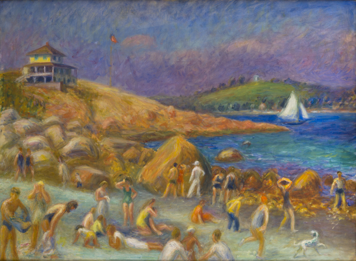 Painting of bathers at the beach, white sailboat in water, house on hill on left