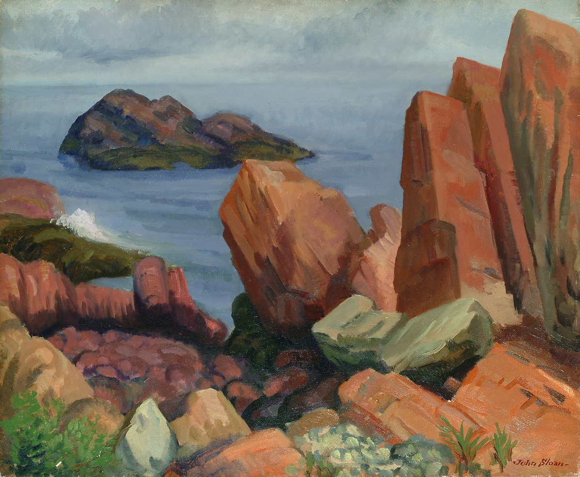 Painting of craggy rocks overlooking small rock island in water