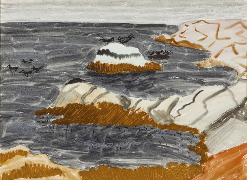 Painting of roosting gulls off shore with lavender sea