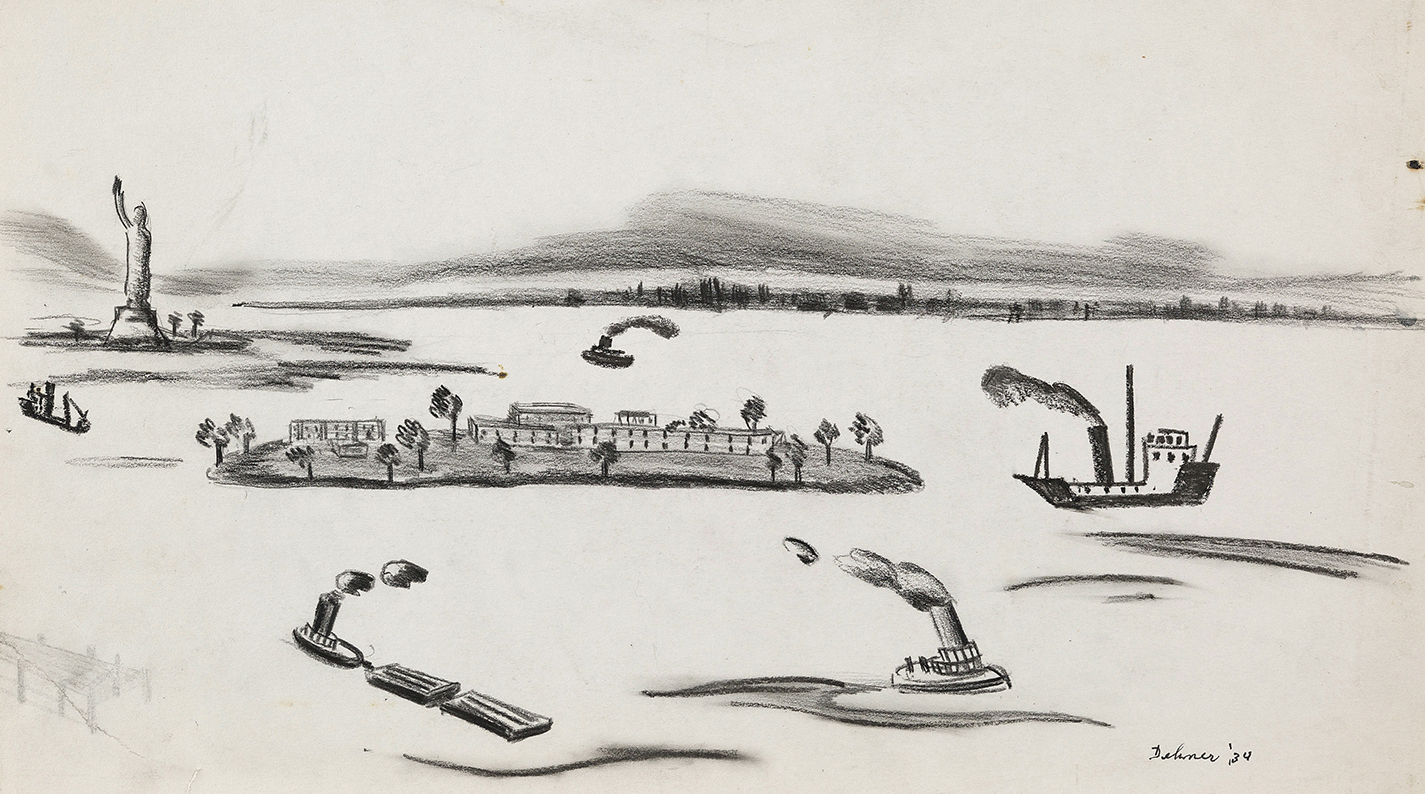 Graphite drawing of New York Harbor and Governors Island: boats on water emitting smoke, Statue of Liberty in background