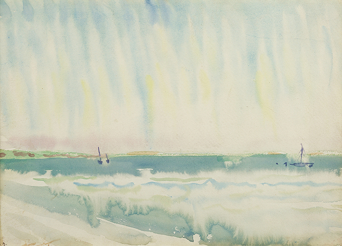 Watercolor of blue/green seascape with two small sailboats and blue sky with white haze