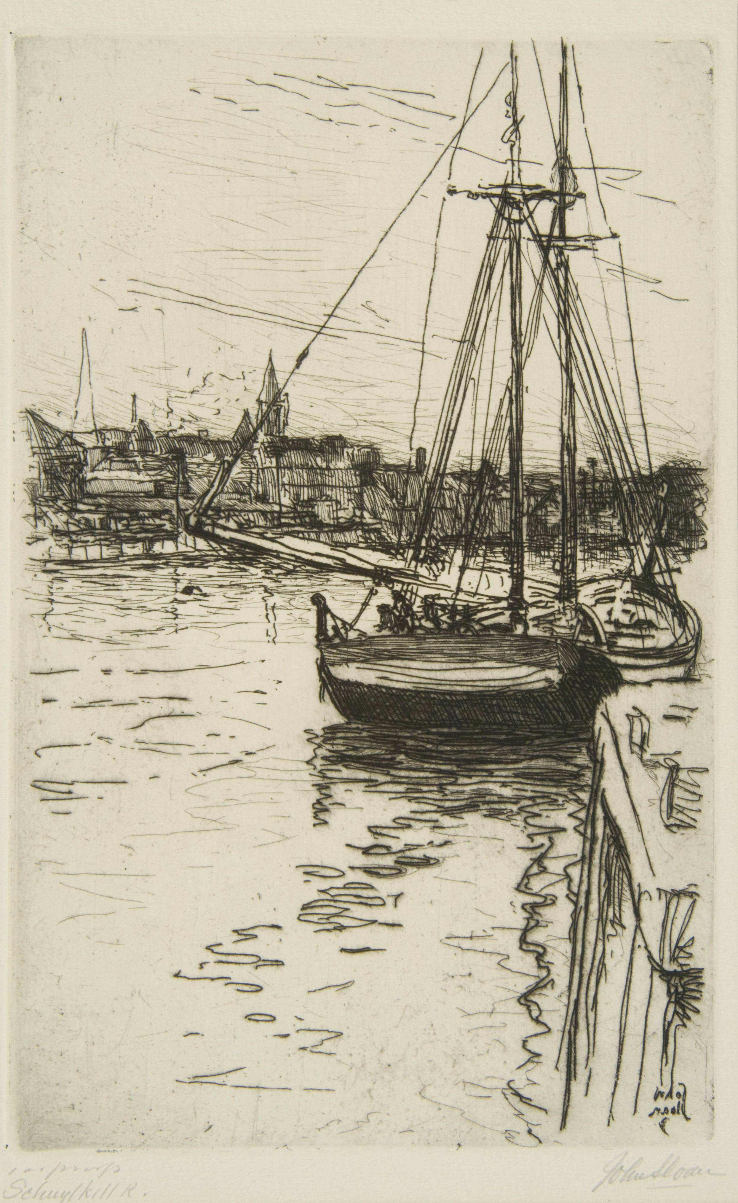 Etching of sailboat on water with buildings in background