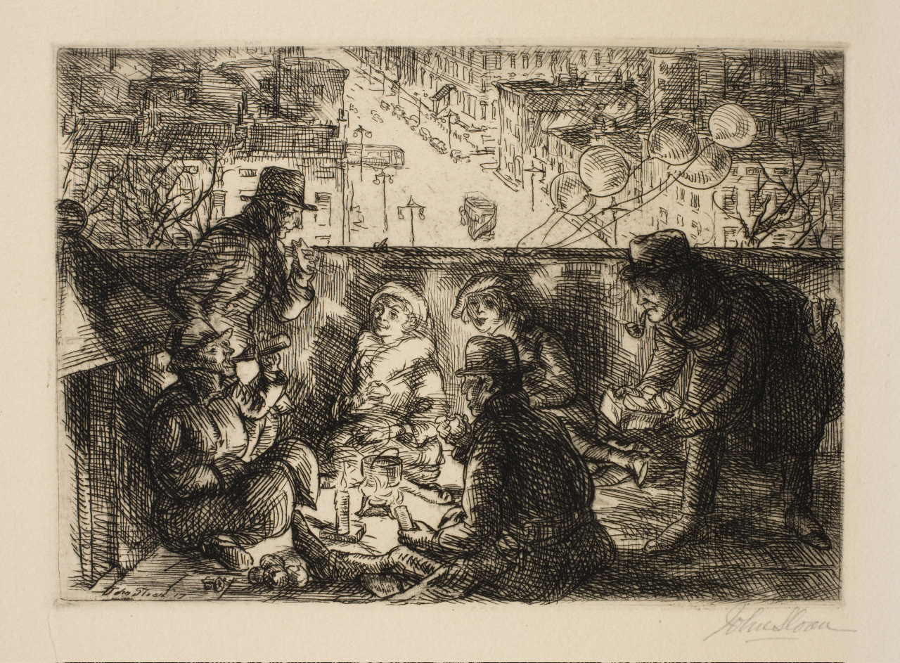 Etching of adults and children sitting on a roof eating with a view of buildings and the street in the background