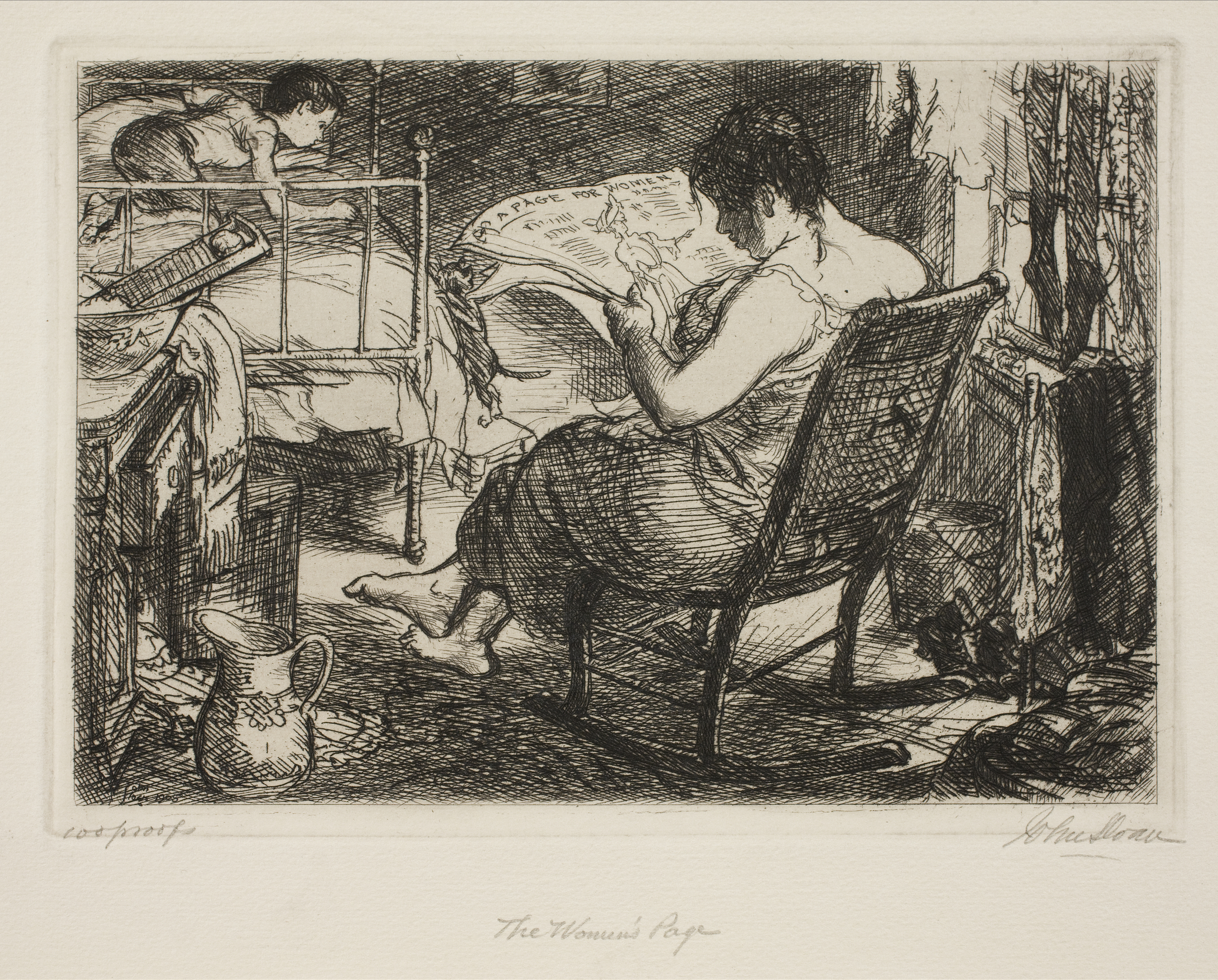 Etching of woman reading the newspaper in a rocking chair while child plays on bed with the cat