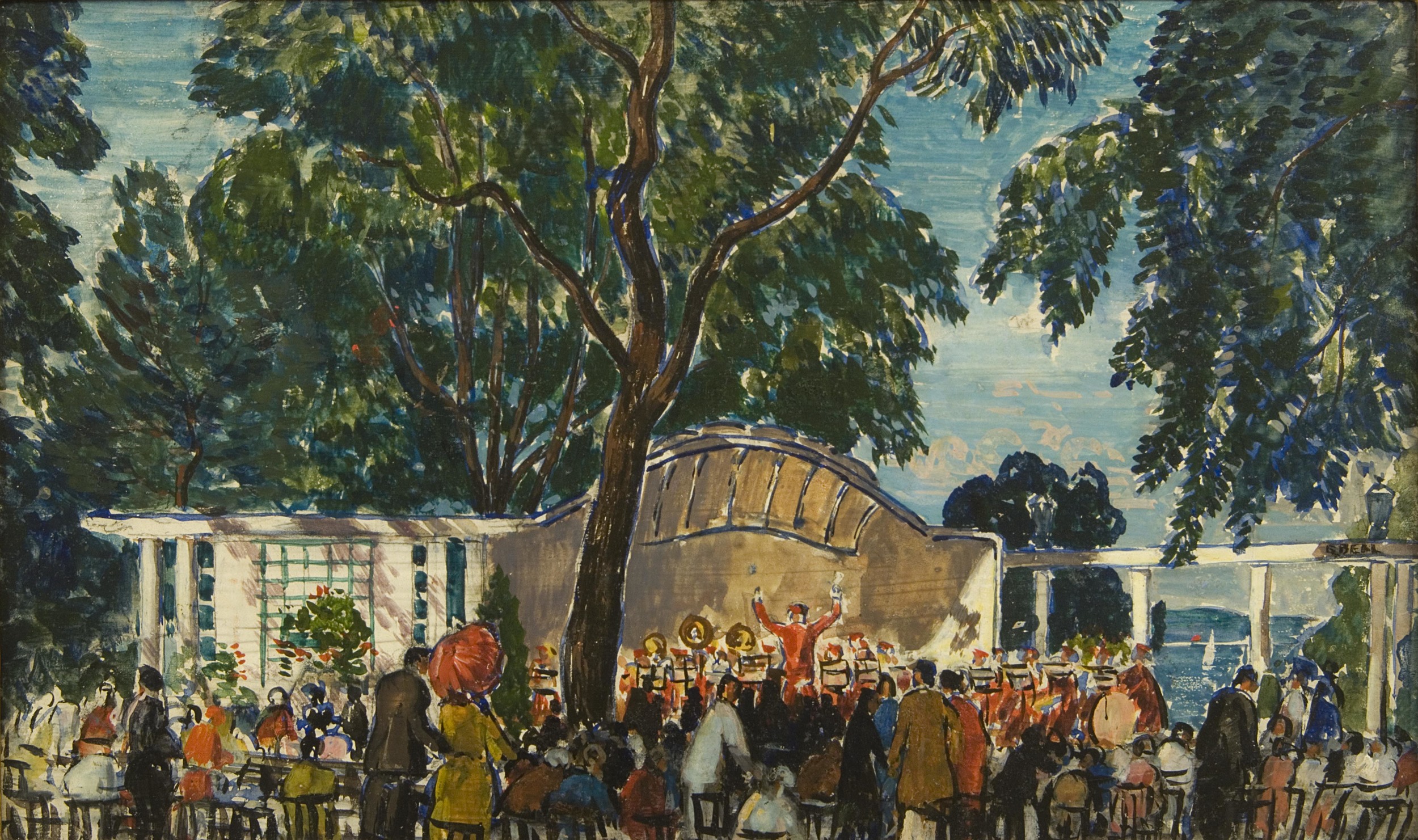 Painting of a bandstand and large crowd with large trees and water in distance