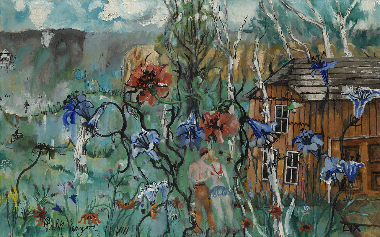 Painting of wood home on right with purple and red flowers in foreground and two little figures holding each other