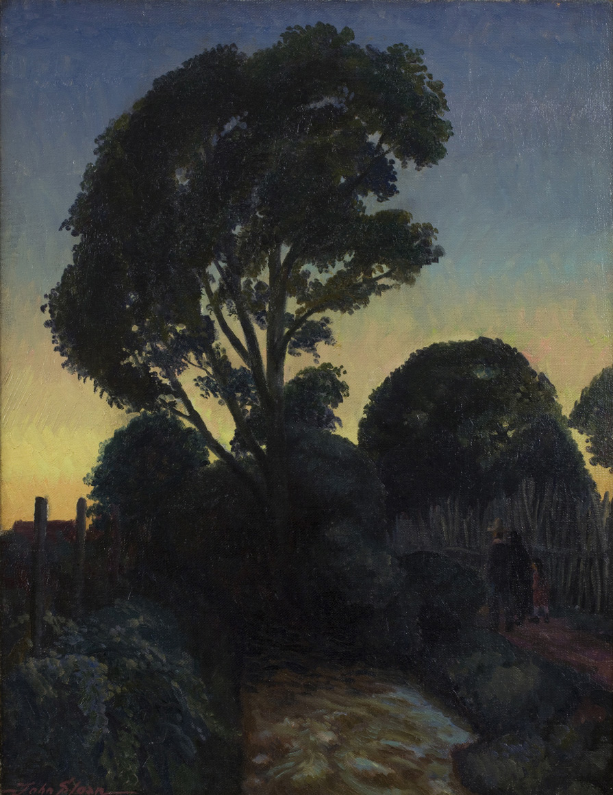 Painting of trees with sunset in background, two figures (adult and child) on right