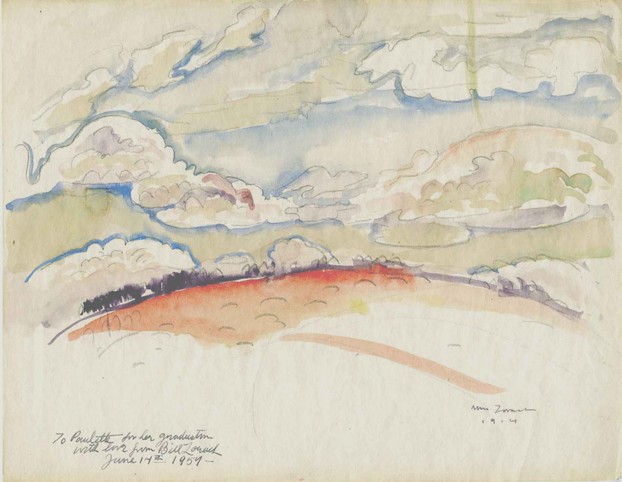 Watercolor of landscape with red earth, purple horizon, and blue sky