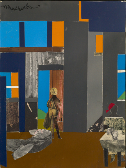 Collage of blue, orange, grey, and brown shapes with grey figure