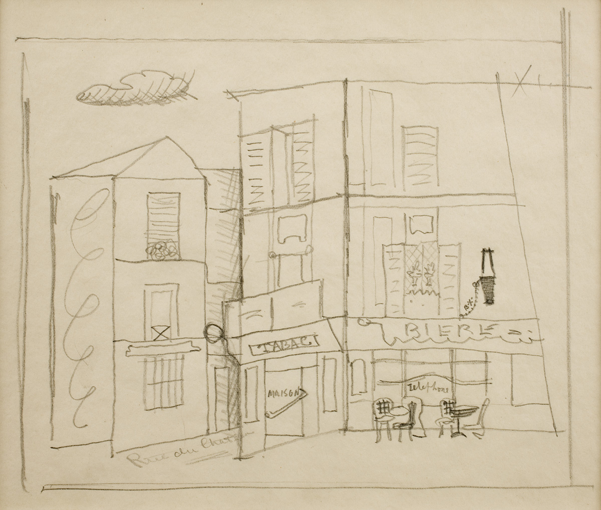 Drawing of a street in France with a Tabac shop and a cafe/bar
