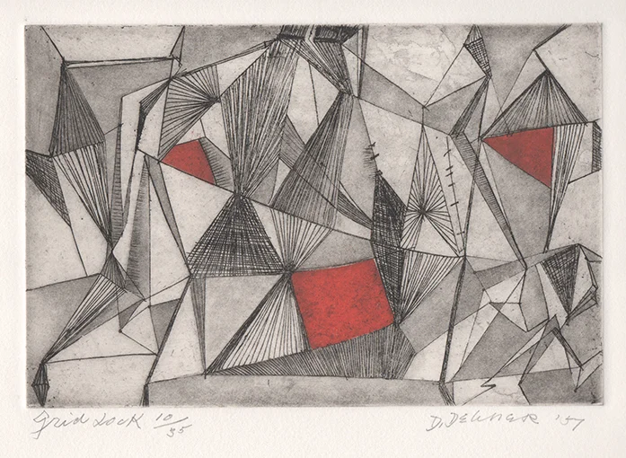 Abstract engraving of intersecting triangle shapes with red shapes interspersed