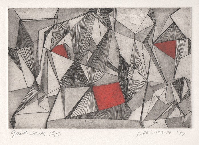 Abstract engraving of intersecting triangle shapes with red shapes interspersed 