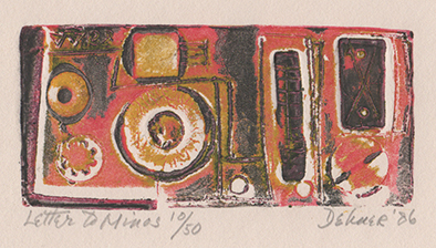 Print with red, black, and ochre resembling a camera/tape recorder
