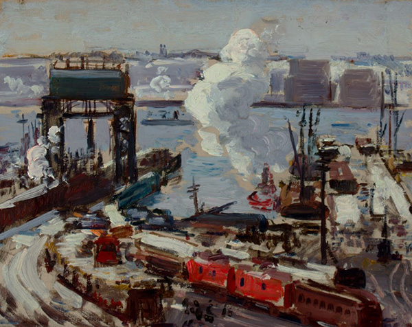 Painting of freight yard with red containers, plume of smoke, and water