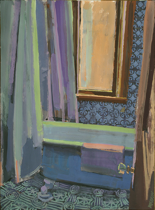 Gouache of blue bathtub (clawfoot) with blue tile wall, green tile floor, shower curtain, window with yellow light, and green light on tub