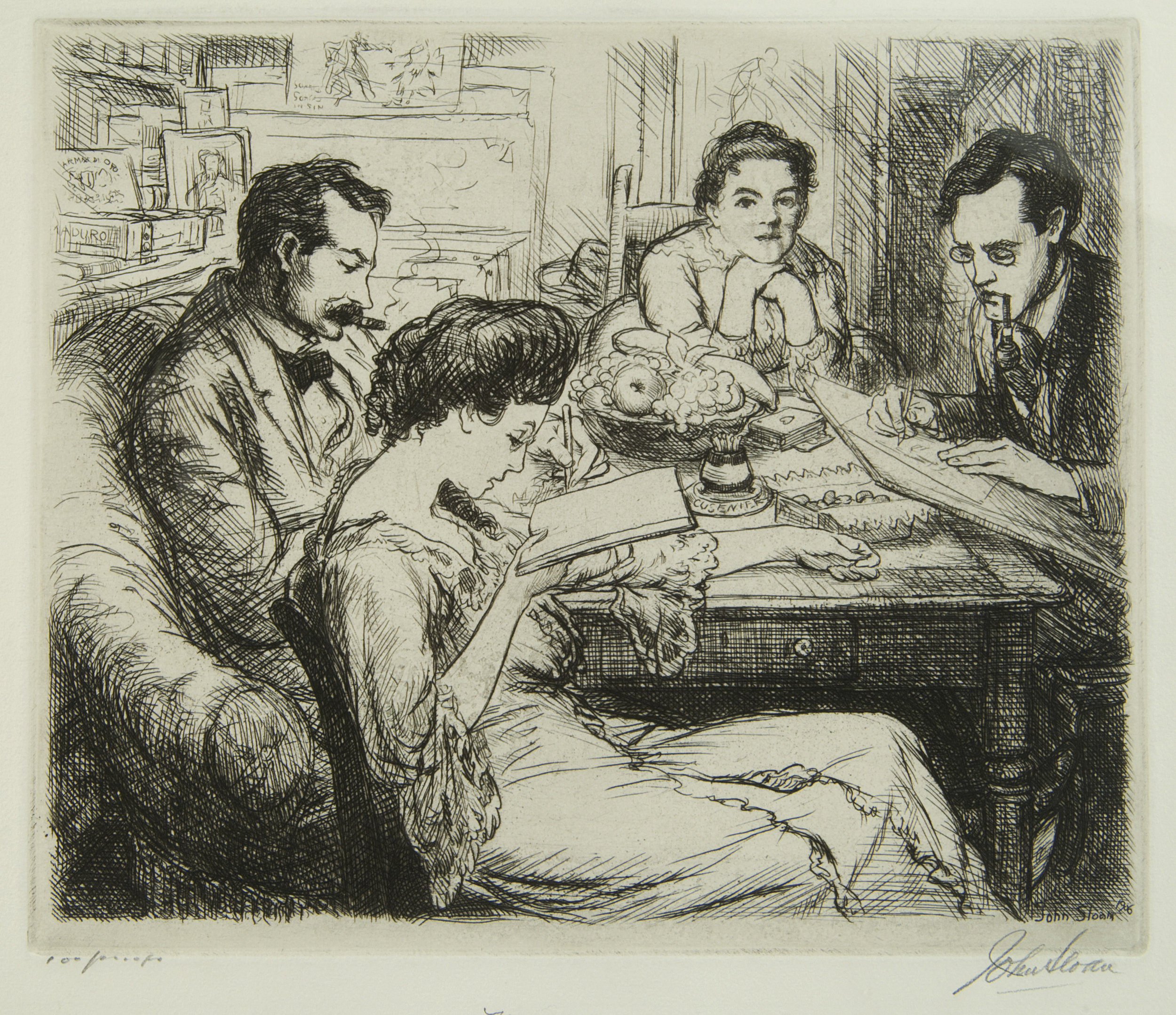 Etching of four figures sitting at a table, two men and two women. One reads while smoking, a woman reads, a man draws, and a woman looks at the viewer