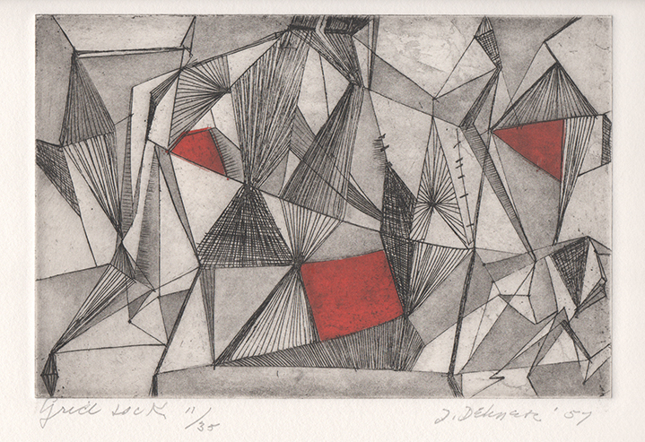 Abstract engraving of intersecting triangle shapes with red shapes interspersed