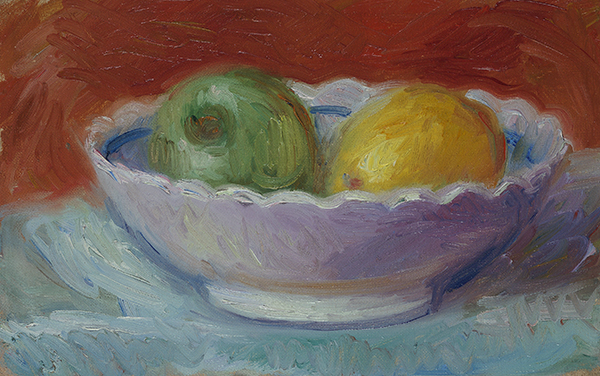 Painting of two pears (green and yellow) in a bowl on a rust background