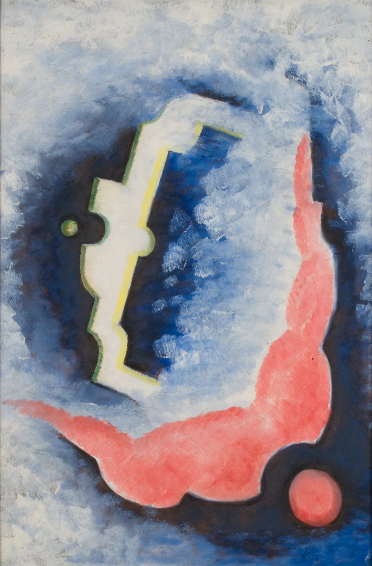 Abstract painting of nebulous red, white, green, and yellow shapes on blue/black/white background