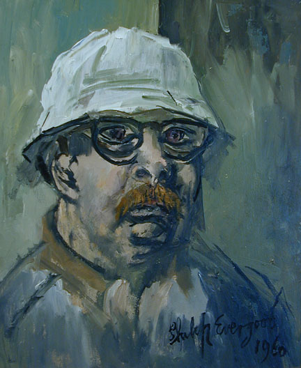 Artist self-portrait in blue/green tones wearing glasses and white hat with beard